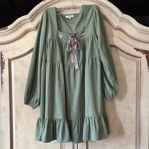 easel Sage Green Tiered Dress with Gingham Bow size Small